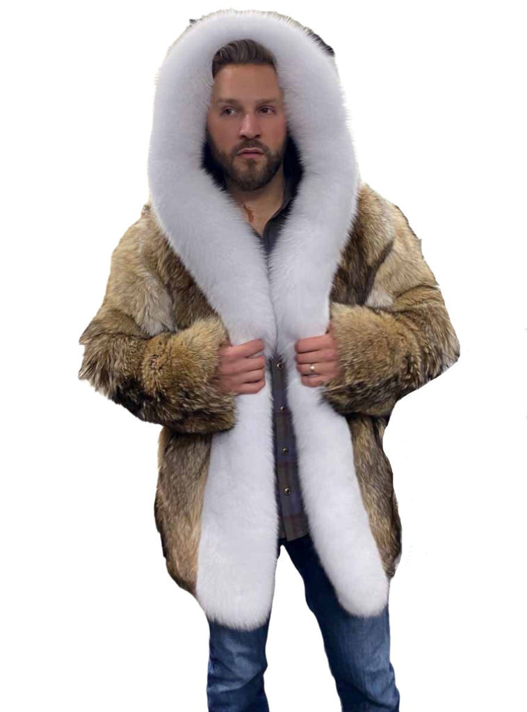 Custom Made Coyote Fur Jacket with Hood and Fox Fur Trim | Henig Furs