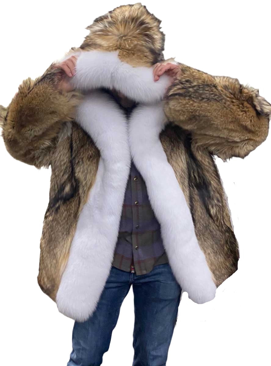 Custom Made Coyote Fur Jacket with Hood and Fox Fur Trim