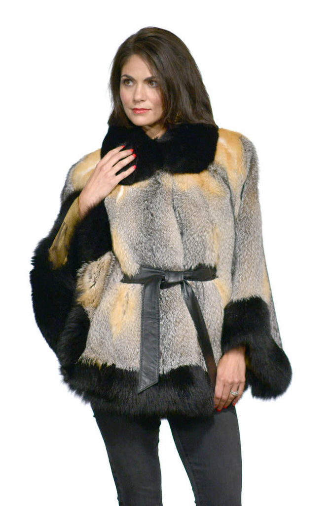 Grey and Natural Red Fox Fur Cape with Detachable Belt