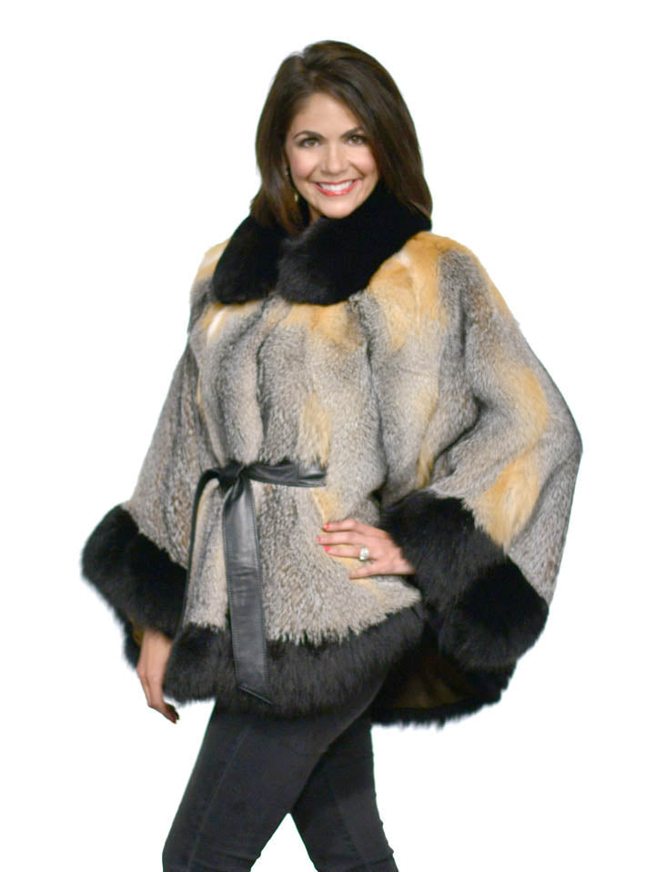Grey and Natural Red Fox Fur Cape with Detachable Belt