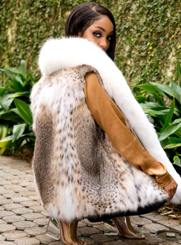 women's bobcat fur vest with shadow fox fur tuxedo collar