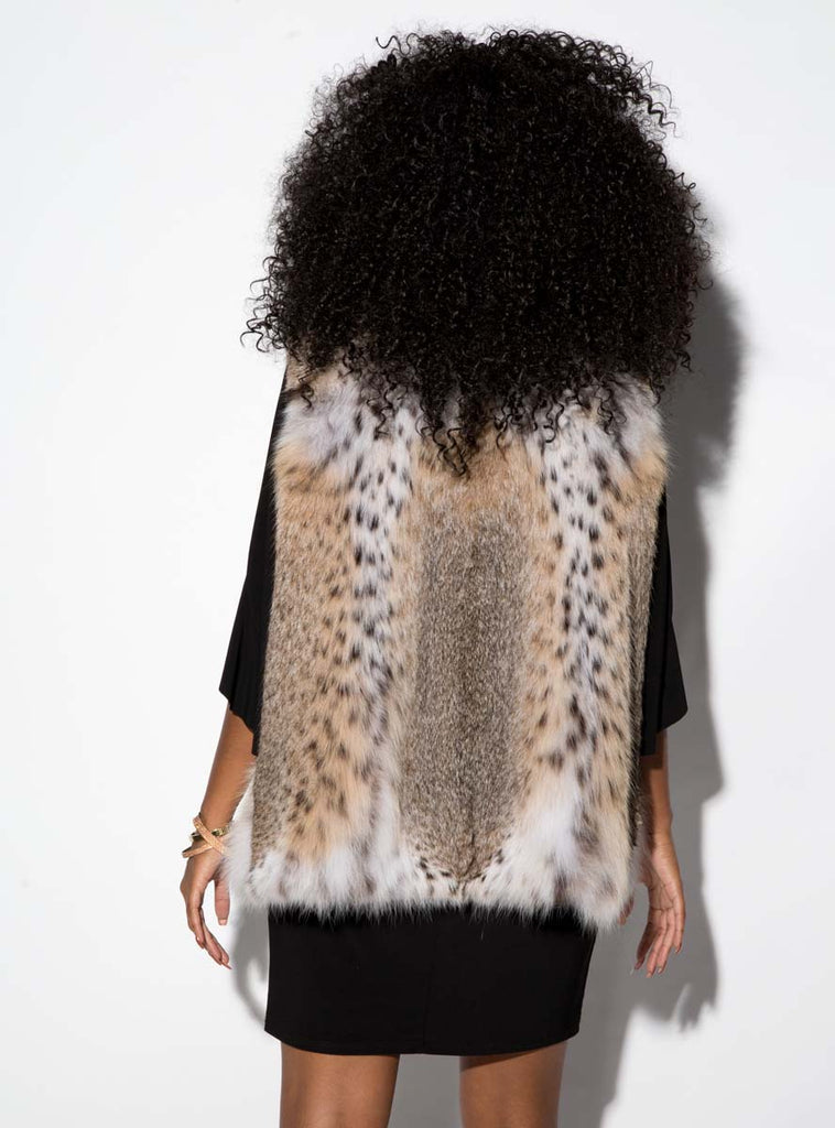 women's bobcat fur vest with shadow fox fur tuxedo collar