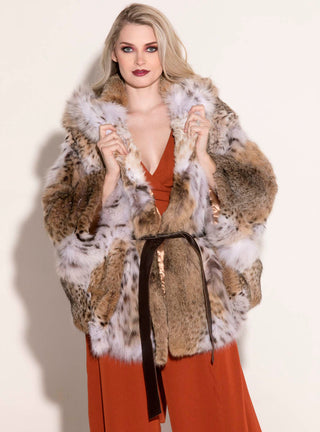 Bobcat Fur Cape with Hood & Detachable Leather Belt.