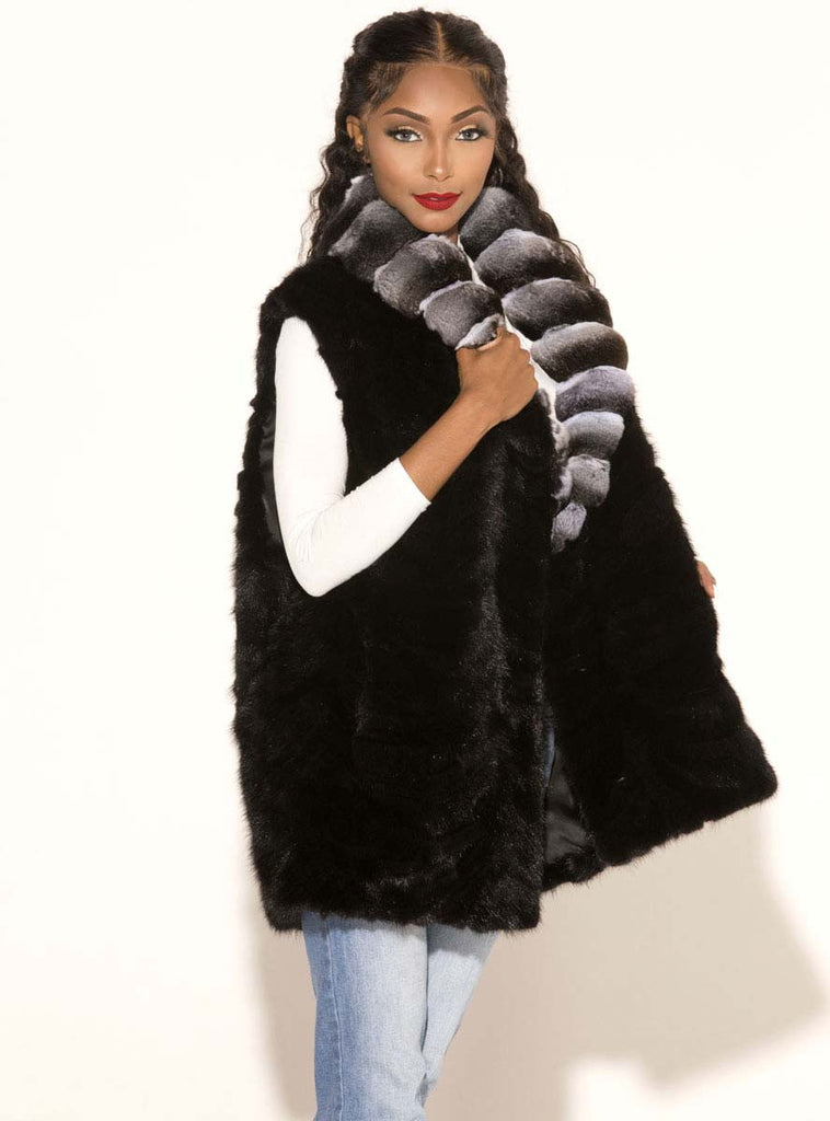 ranch sectioned mink fur vest with chinchilla fur shawl collar