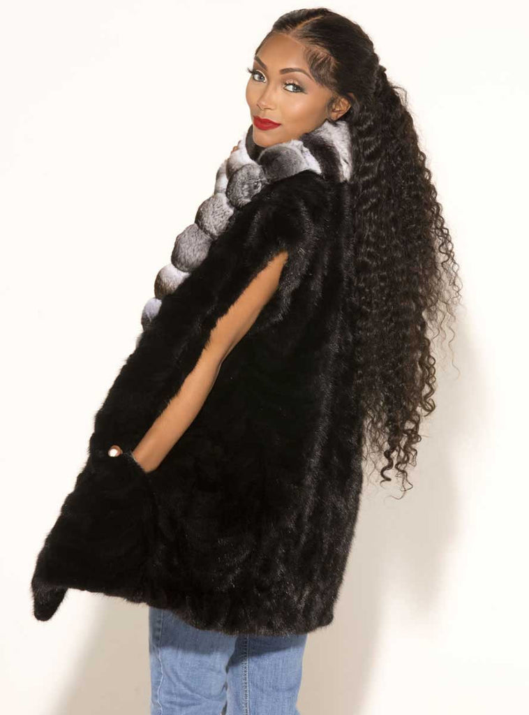 ranch sectioned mink fur vest with chinchilla collar