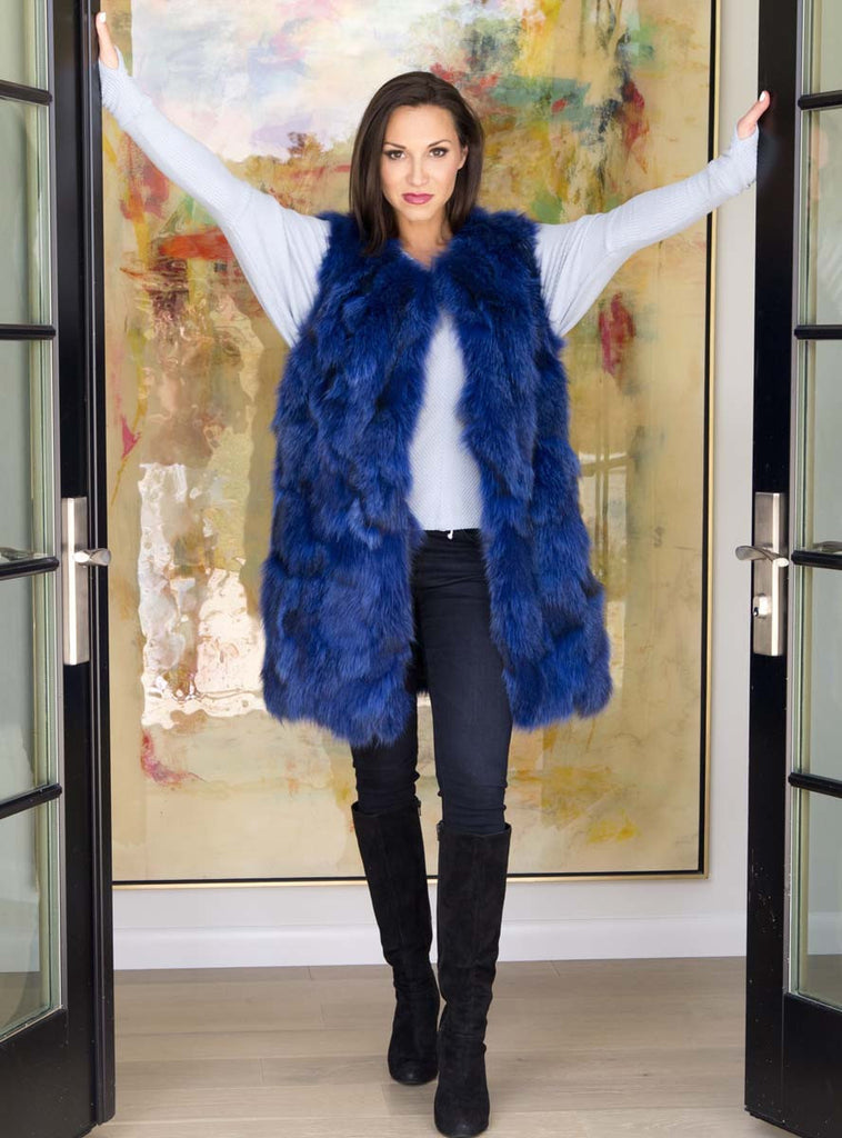 long blue fur vest