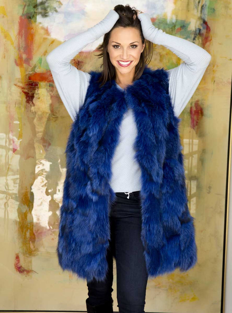 long blue fox fur vest