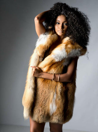 Natural Red Full Skin Fox Fur Vest with Hood.