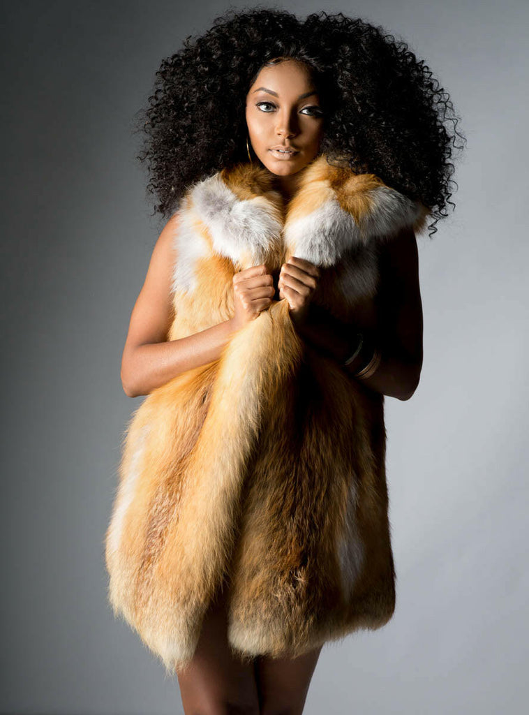 Natural Red Fox Fur Vest with Hood