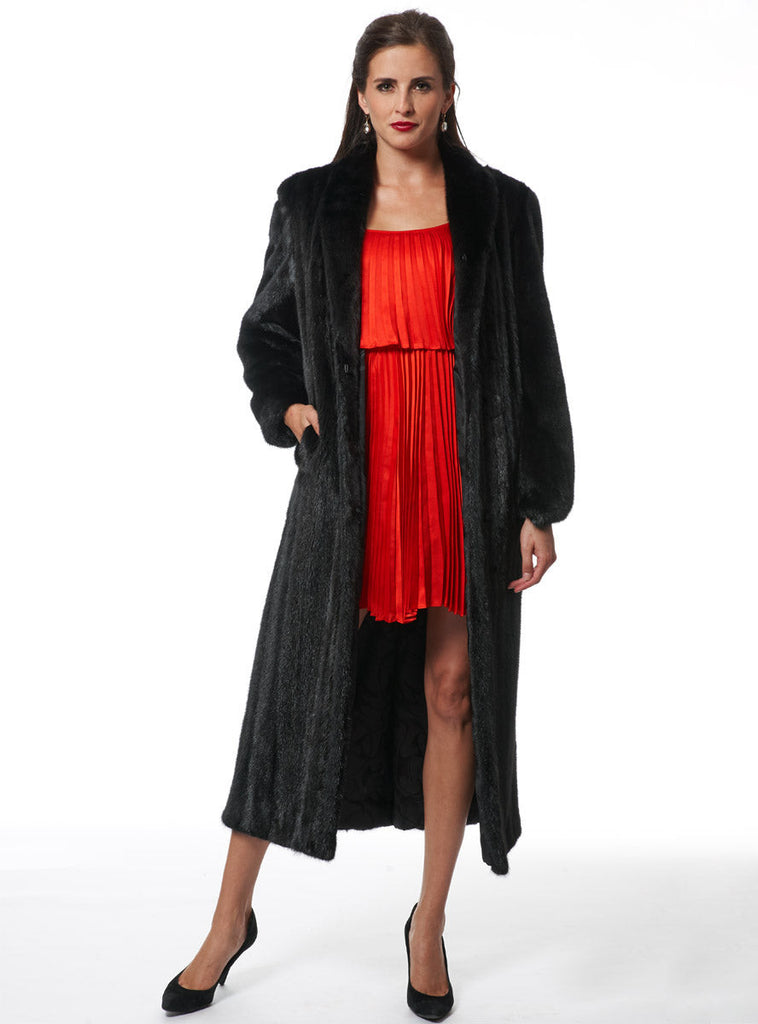 Full Sweep Female Mink Fur Coat with Shawl Collar and Bracelet Cuffs