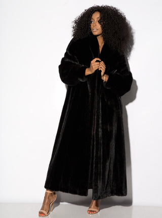 Full Sweep Mink Fur Coat with Shawl Collar and Bracelet Cuffs.