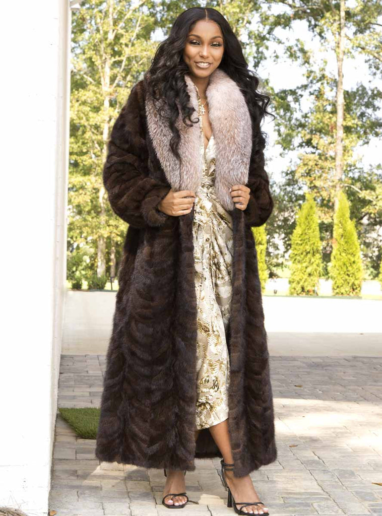Mahogany Mink Fur Coat with Crystal Fox Collar