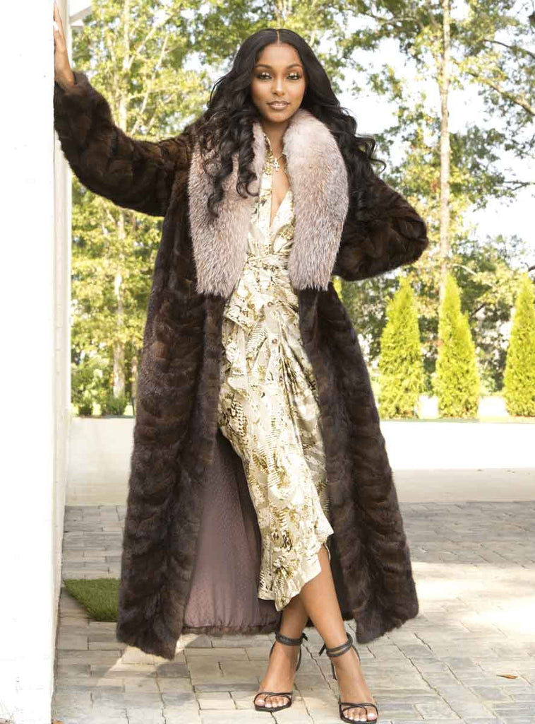 Mahogany Mink Fur Coat with Crystal Fox Collar