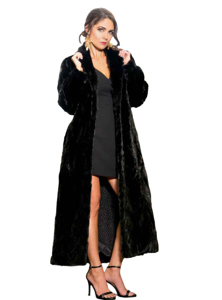 full length mink fur coat with shawl collar & bracelet cuffs