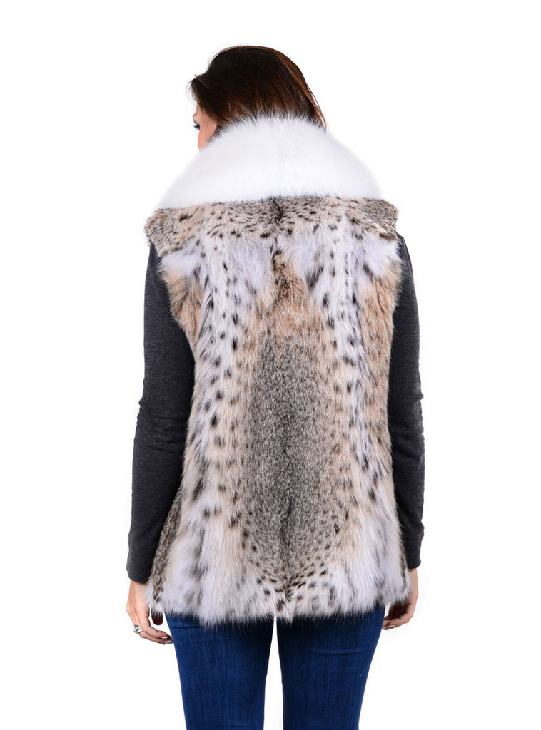 women's bobcat fur vest with shadow fox fur tuxedo collar