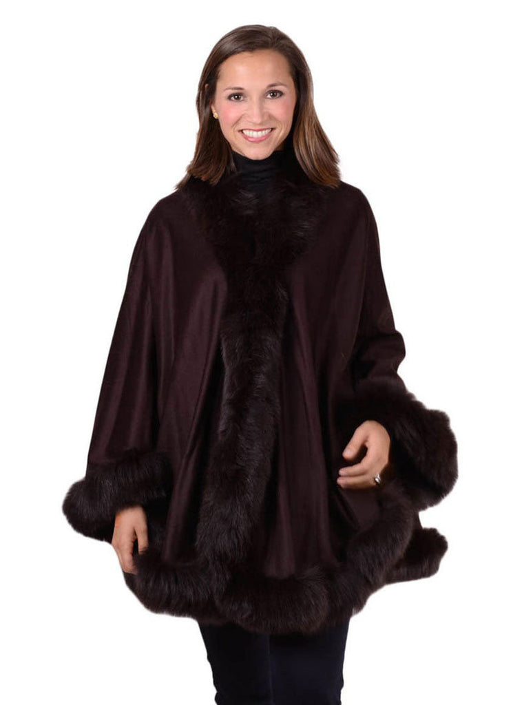 Women's Brown Cashmere Cape with Brown Fox Fur Trim