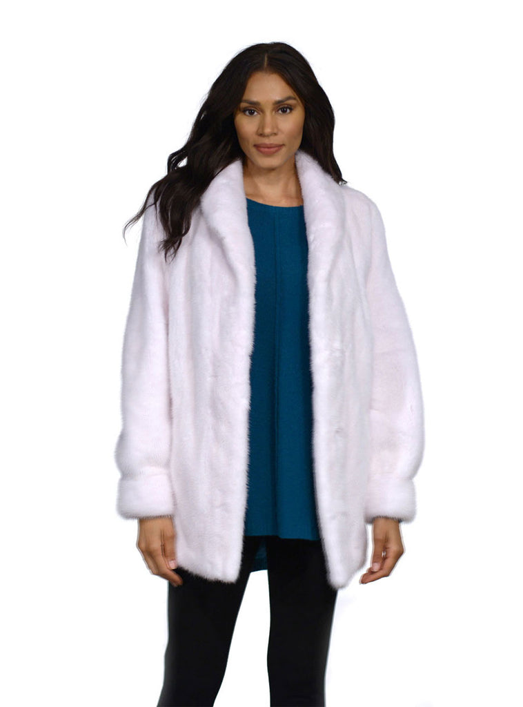 White Female Mink Fur Jacket with Shawl Collar & Bracelet Cuffs