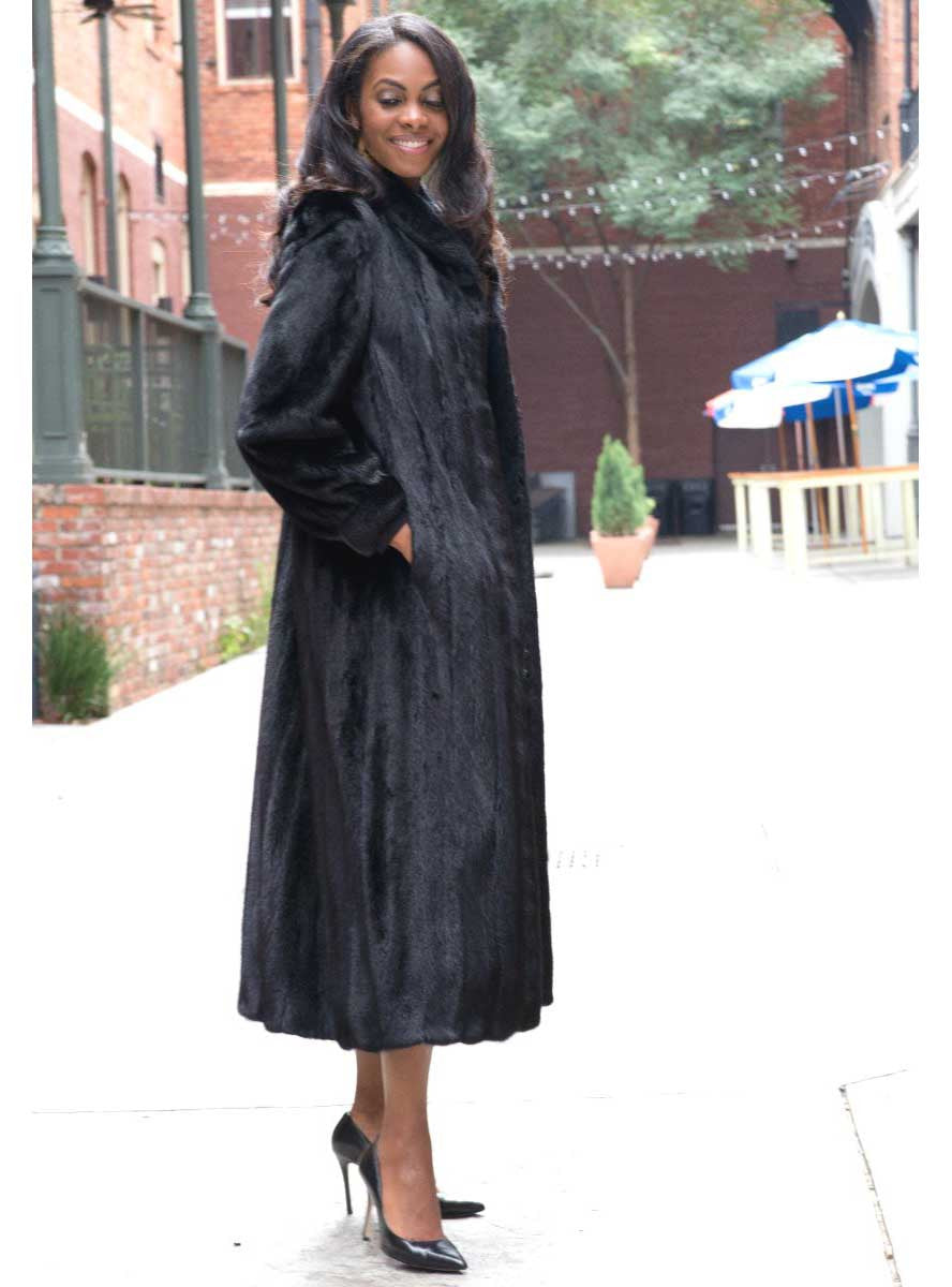Full Sweep Female Mink Fur Coat with Shawl Collar and Bracelet Cuffs