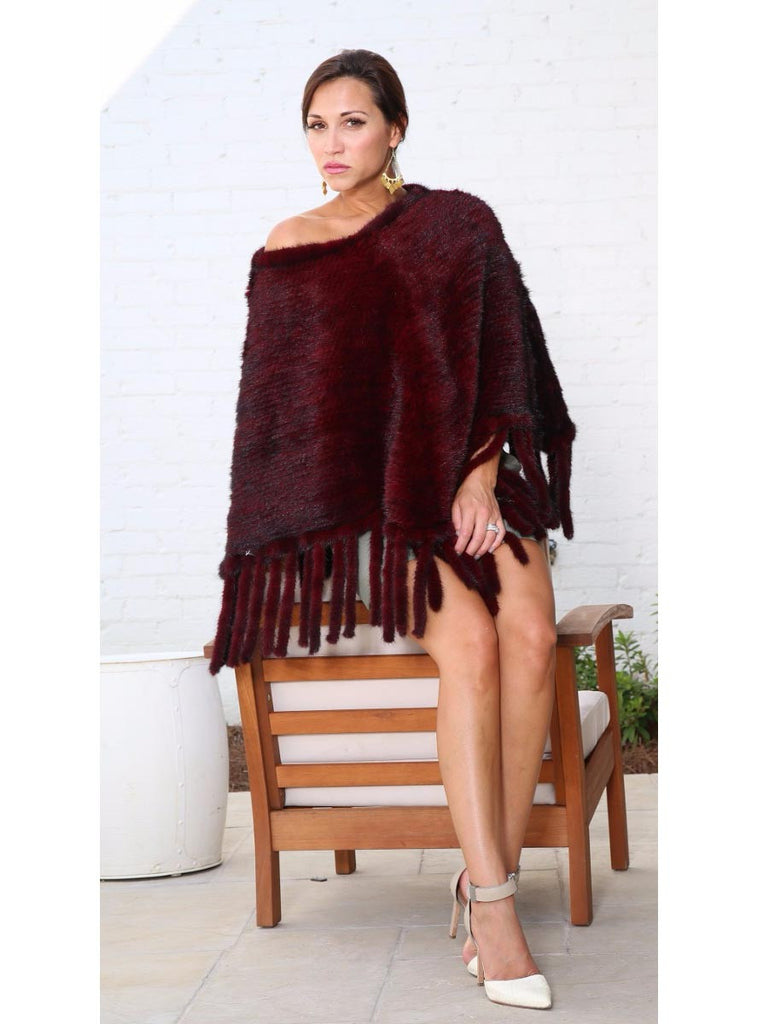 Burgundy Knitted Mink Fur Poncho