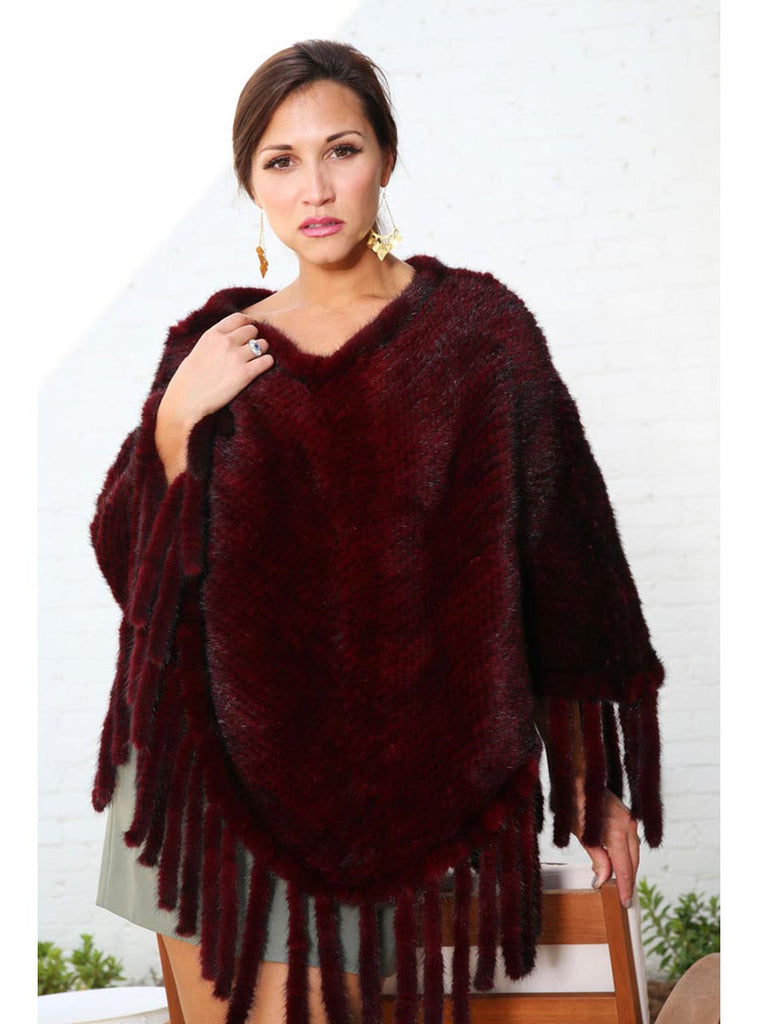 Burgundy Knitted Mink Fur Poncho