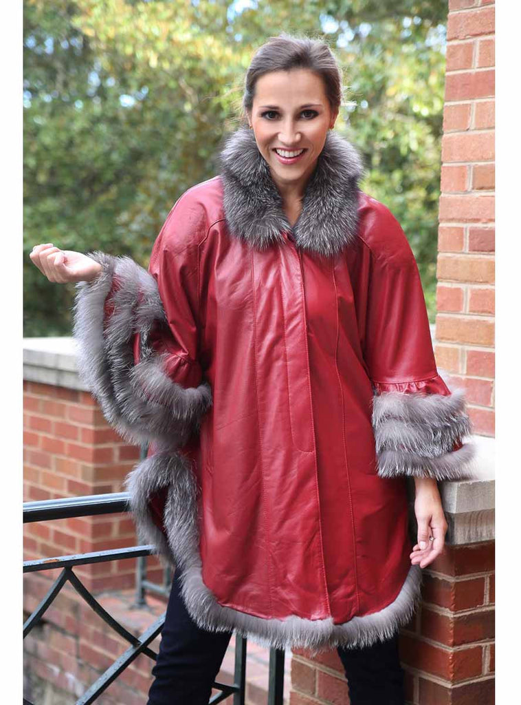 Lamb Leather Cape with Fox Fur Trim