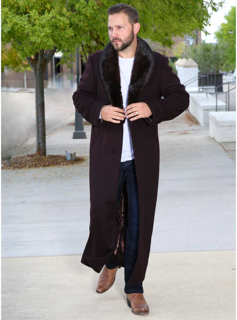 men's brown cashmere coat with mink fur collar