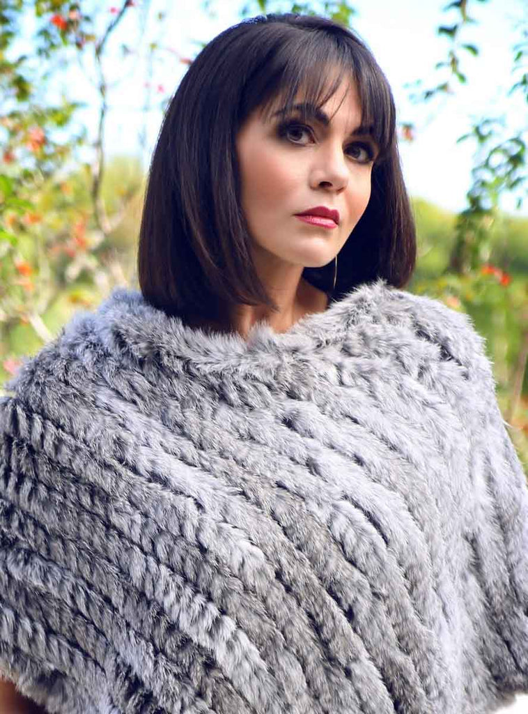 Women's Grey Knitted Rabbit Fur Poncho with Fringe