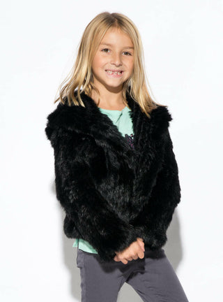 Children's Black Knitted Rabbit Fur Jacket with Hood.