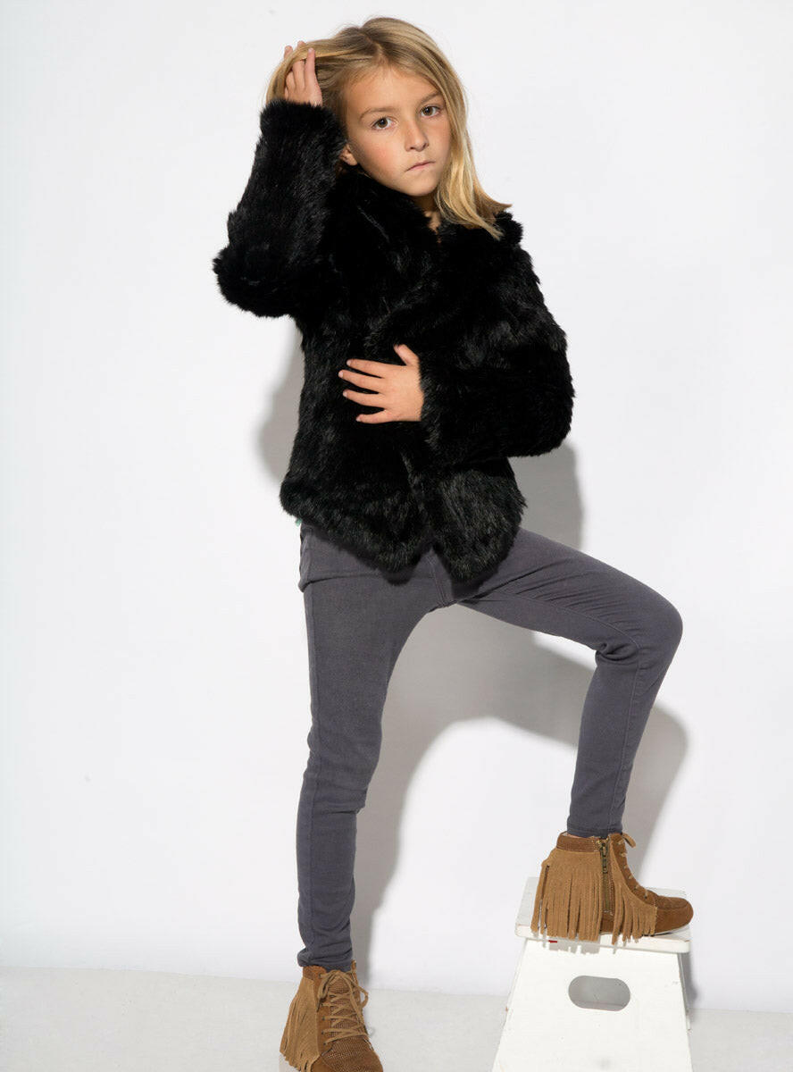 Children s Black Knitted Rabbit Fur Jacket with Hood