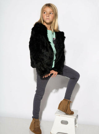 Children's Black Knitted Rabbit Fur Jacket with Hood.