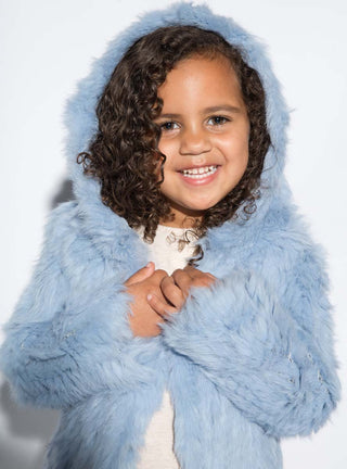 Children's Blue Knitted Rabbit Fur Jacket with Hood.