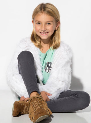 Children's White Knitted Rabbit Fur Jacket with Hood.