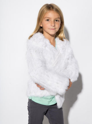 Children's White Knitted Rabbit Fur Jacket with Hood.