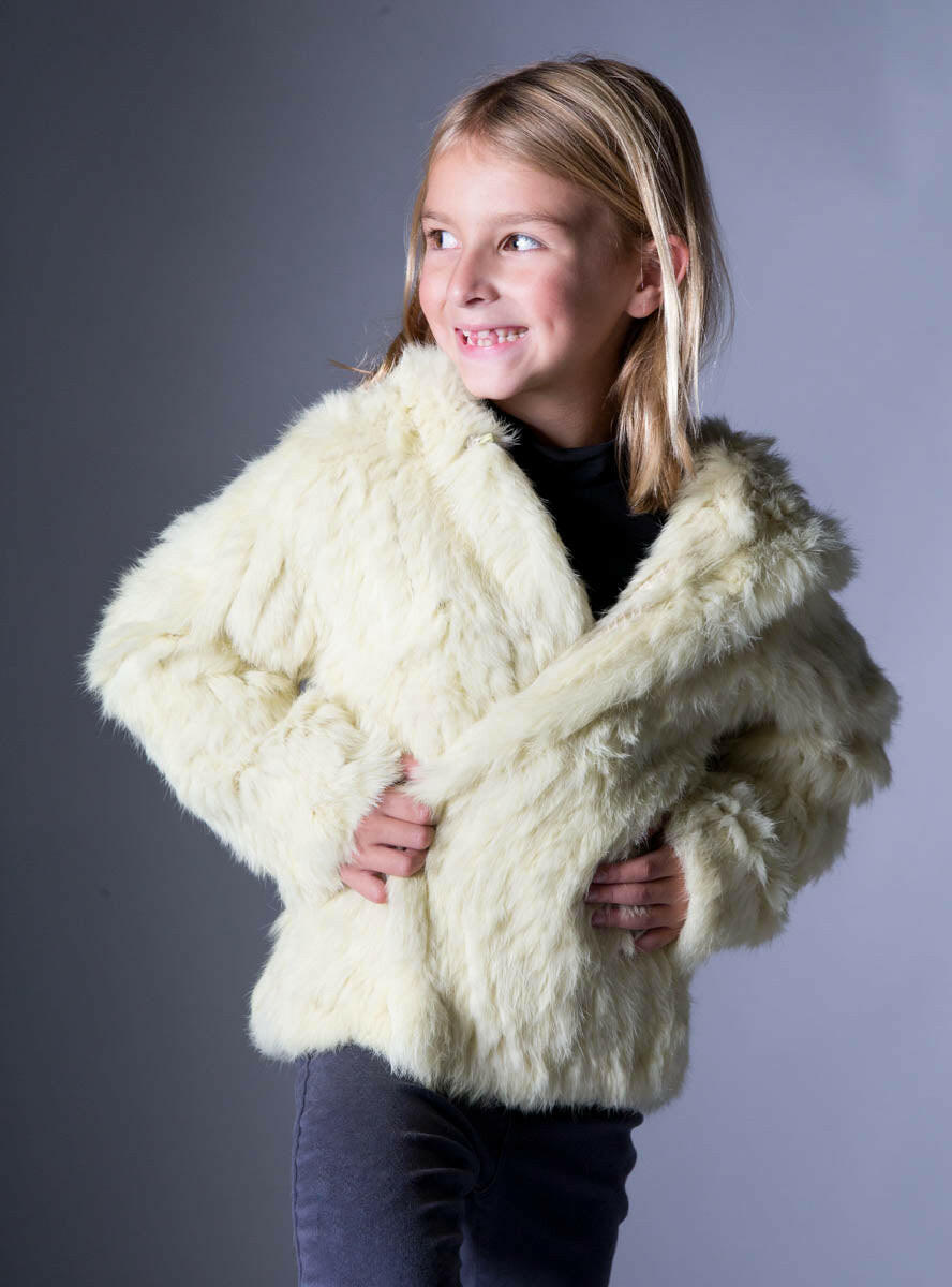 Children's Rabbit Fur Jacket with Hood, Knitted, Yellow L-10/12