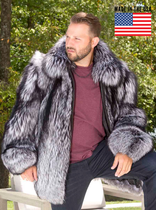 Men's Full Skin Silver Fox Fur Bomber Jacket.