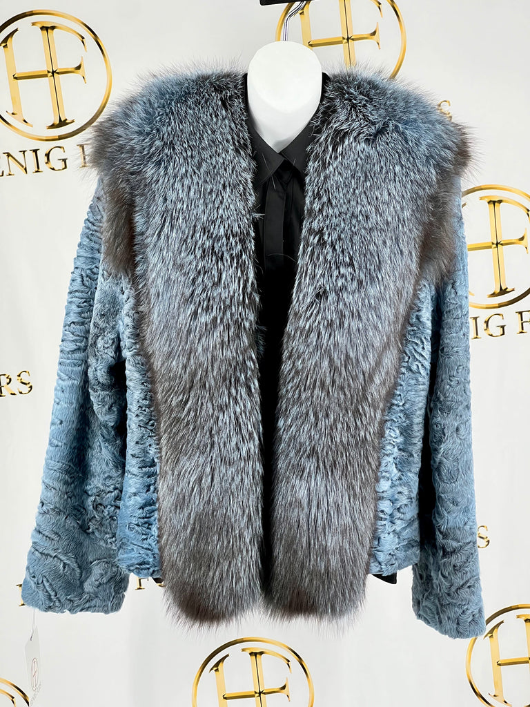clearance blue persian lamb fur jacket with fox fur tux