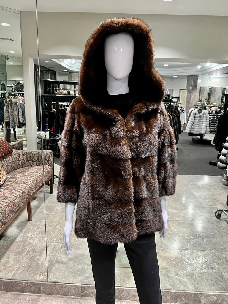 natural mahogany mink fur jacket with hood