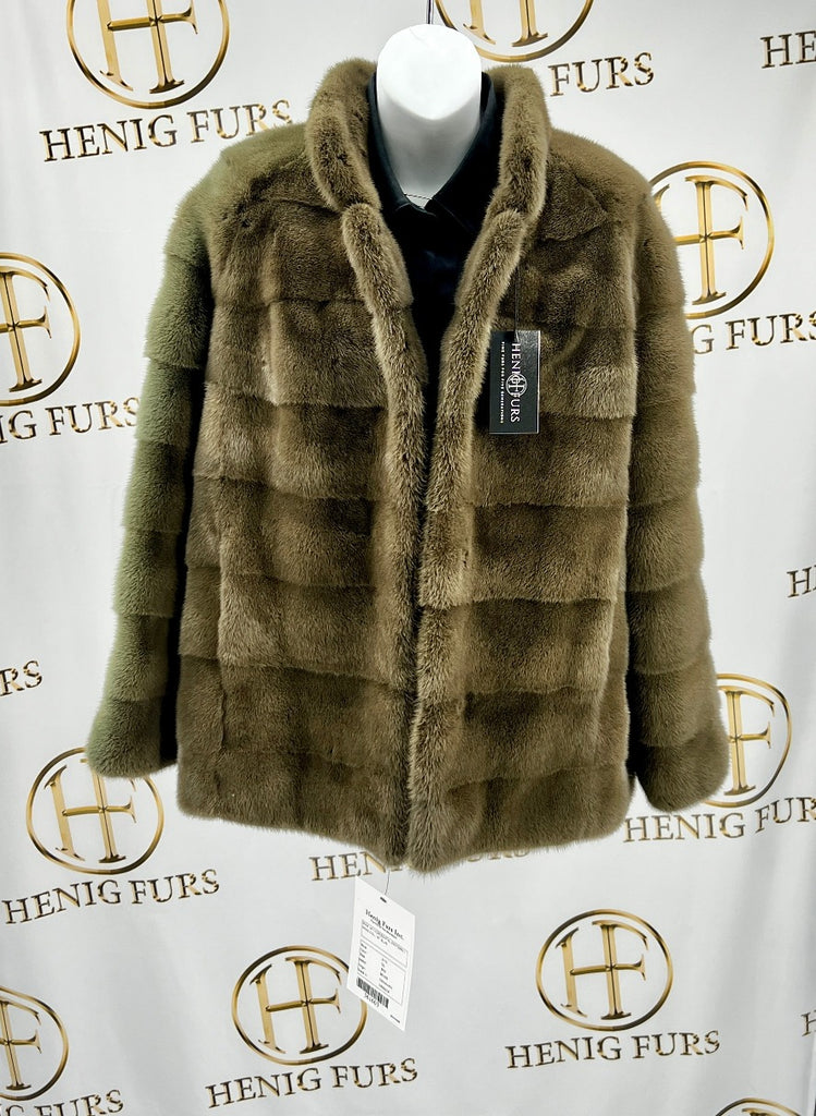 fur clearance - Olive Mink Fur Jacket with Horizontal Pattern