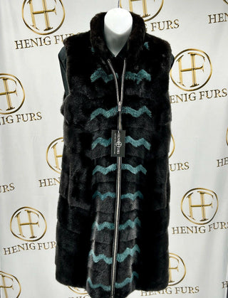 Ranch and Ocean Blue Long Mink Fur Vest with Zip Front.
