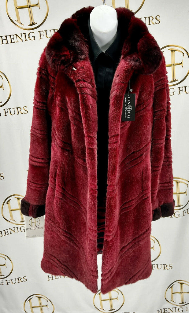fur clearance - burgundy mink fur stroller with chinchilla trim