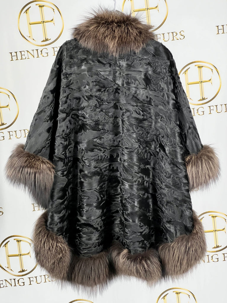 Fur coat clearance - Persian Lamb Fur Cape with Fox Trim