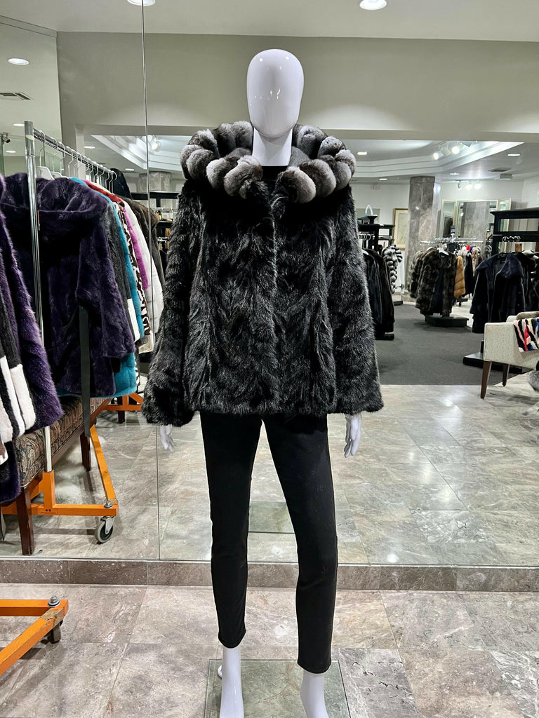 fur clearance - mink fur jacket with chinchilla fur trimmed hood