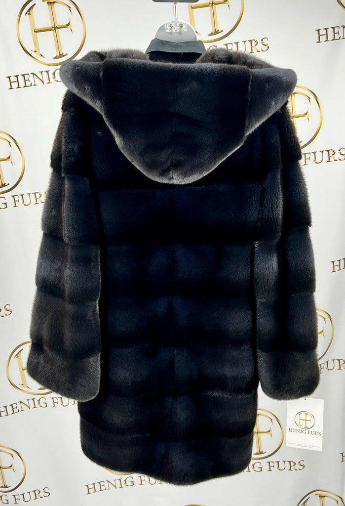 Fur Clearance - Charcoal Mink Fur Stroller with Horizontal Pattern and Full Fur Hood