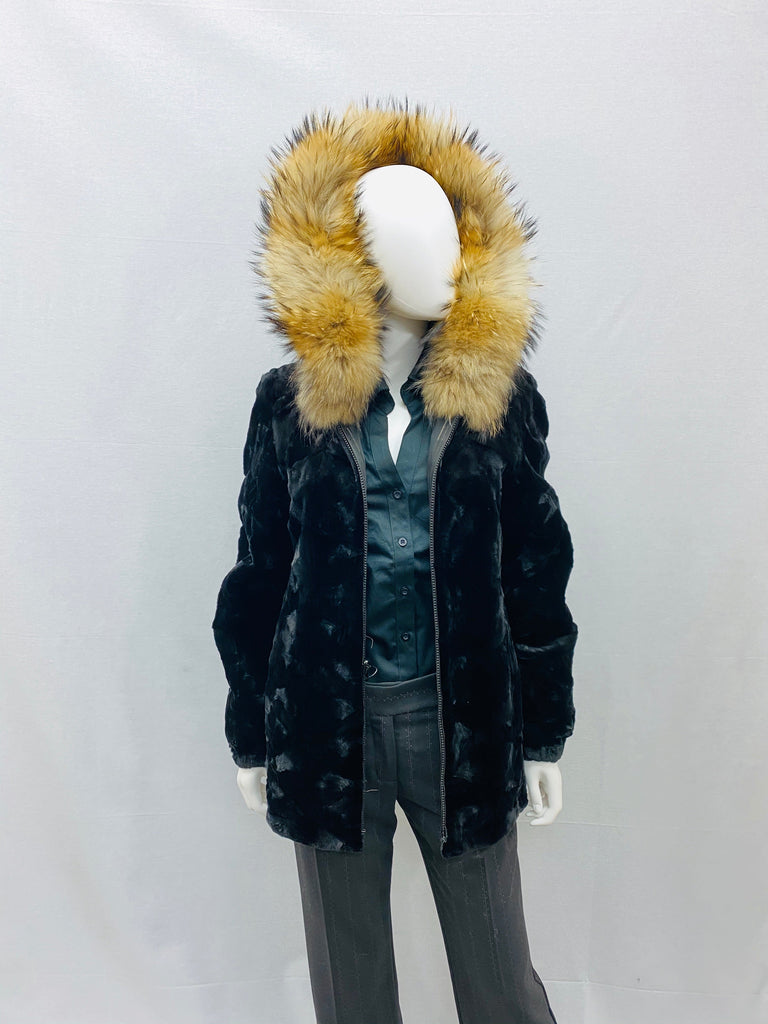fur clearance - Sheared sectioned mink fur jacket with raccoon fur hood