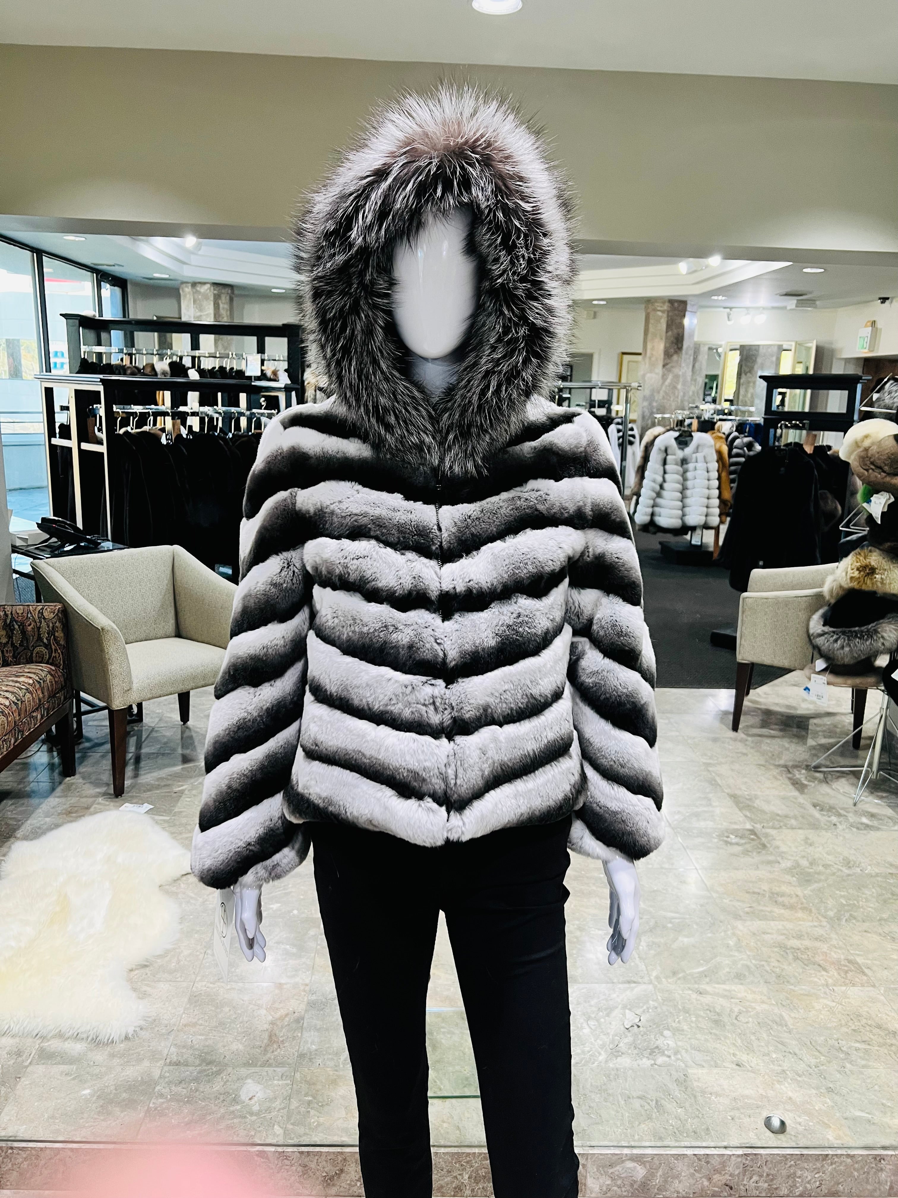 Fur Jacket - Rex Rabbit Fur with Fox Fur Collar - Grey