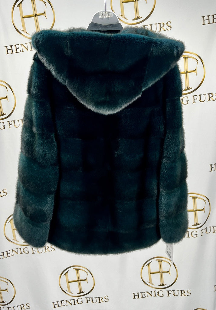 fur clearance - green mink fur jacket with hood
