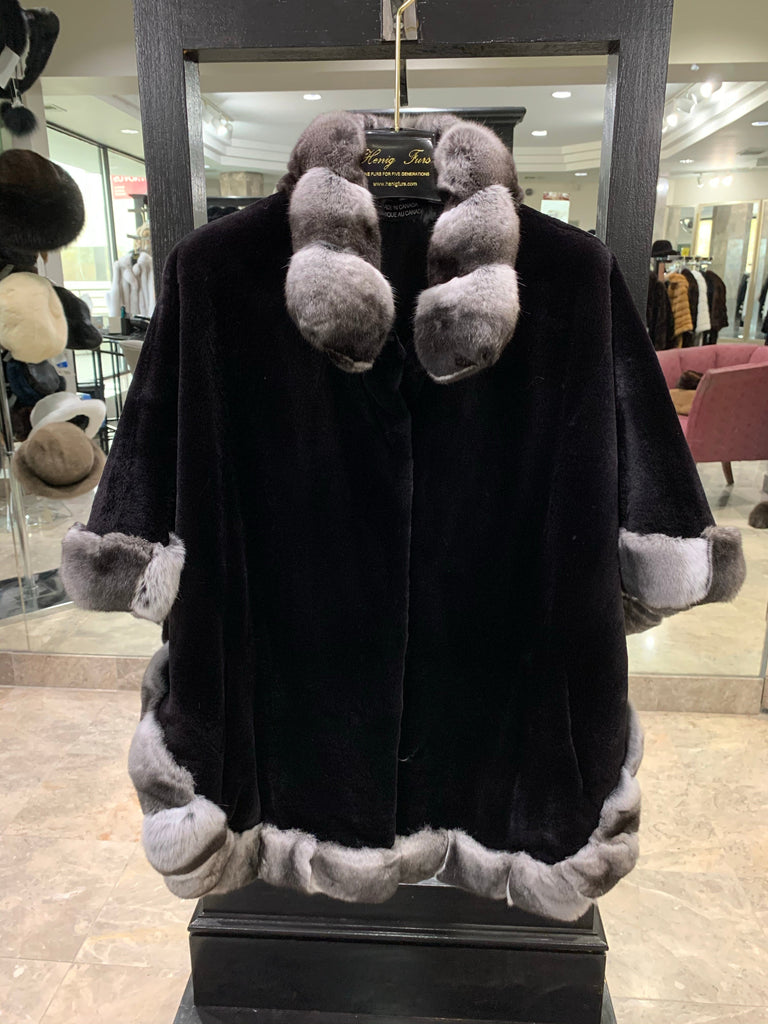 fur clearance - black sheared mink cape with chinchilla trim