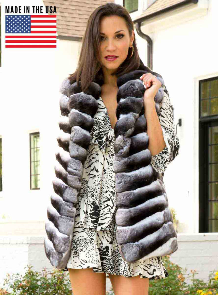 Blue Iris Mink Jacket with Detachable Hood and Silver Fox Trim