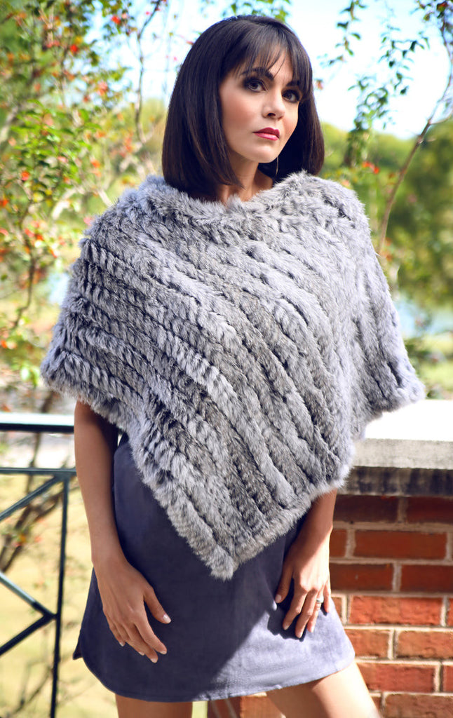 Gray Knitted Rabbit Fur Poncho
